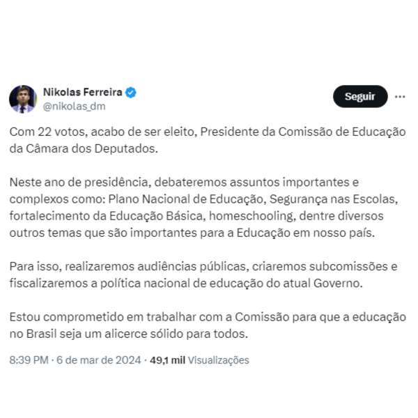 Nikolas Ferreira é eleito Presidente da Comissão de Educação