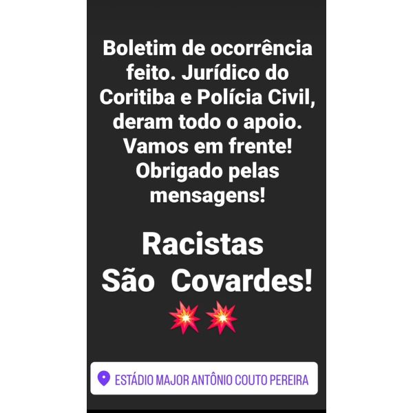Jornalista é vítima de racismo em jogo do Coritiba: 