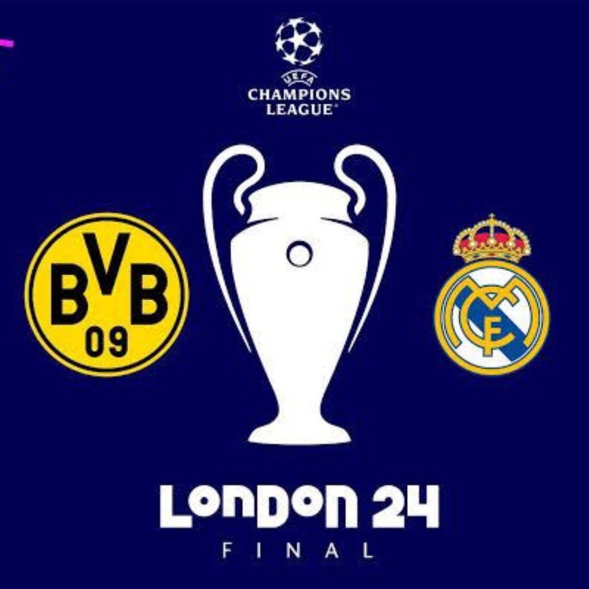  Arte da final da UEFA Champions League, com escudos de Borussia Dortmund e Real Madrid. 