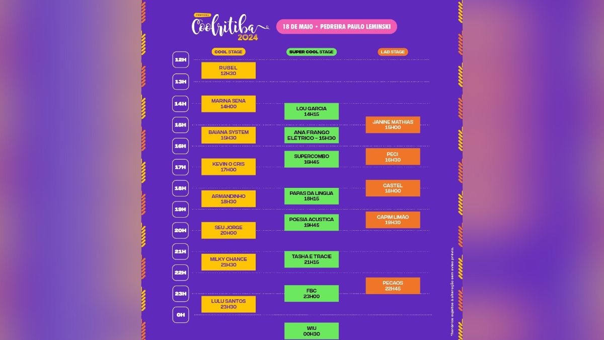 Festival Coolritiba: veja o horário do show de cada artista