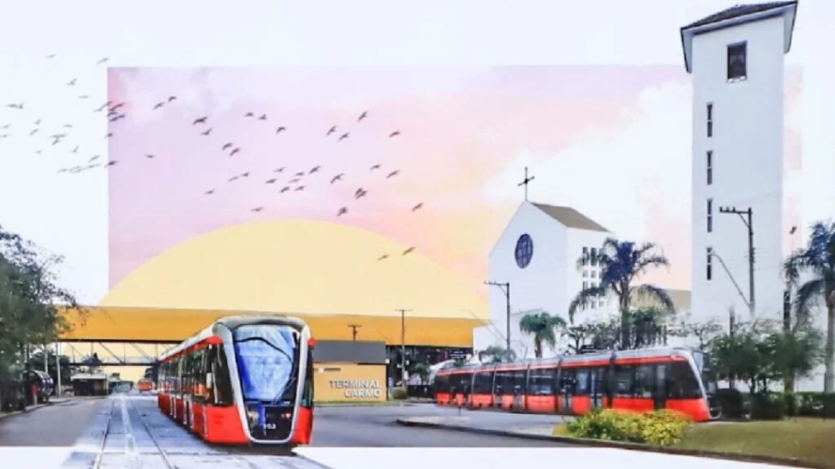 Ilustração da Prefeitura de Curitiba mostra como deverá ser o VLT que ligará a cidade ao aeroporto Afonso Pena