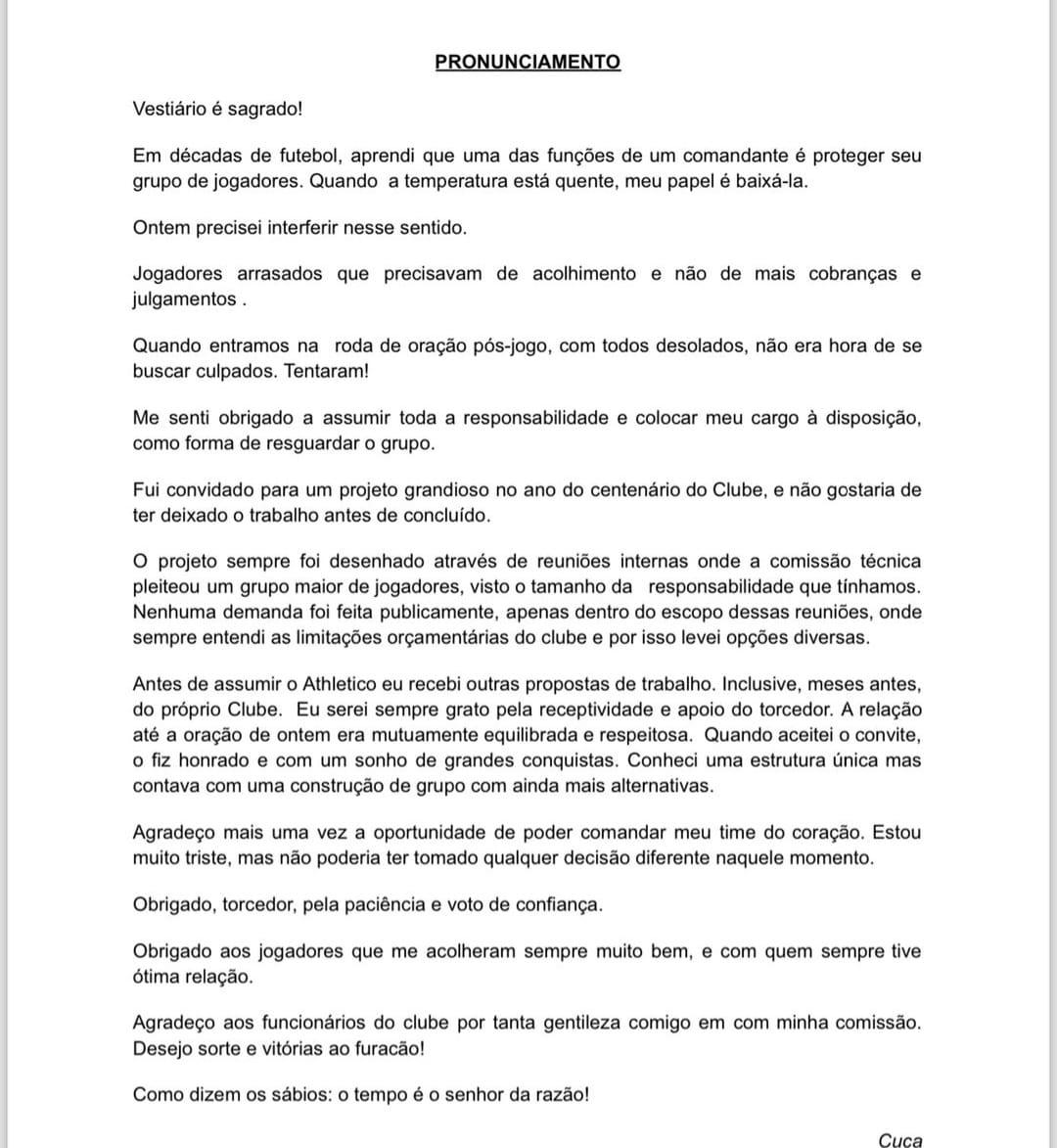 Carta de Cuca após críticas de Petraglia 