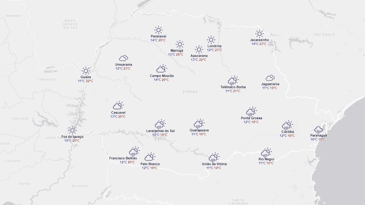 Paraná tem previsão de chuva para algumas regiões nesta terça (16)