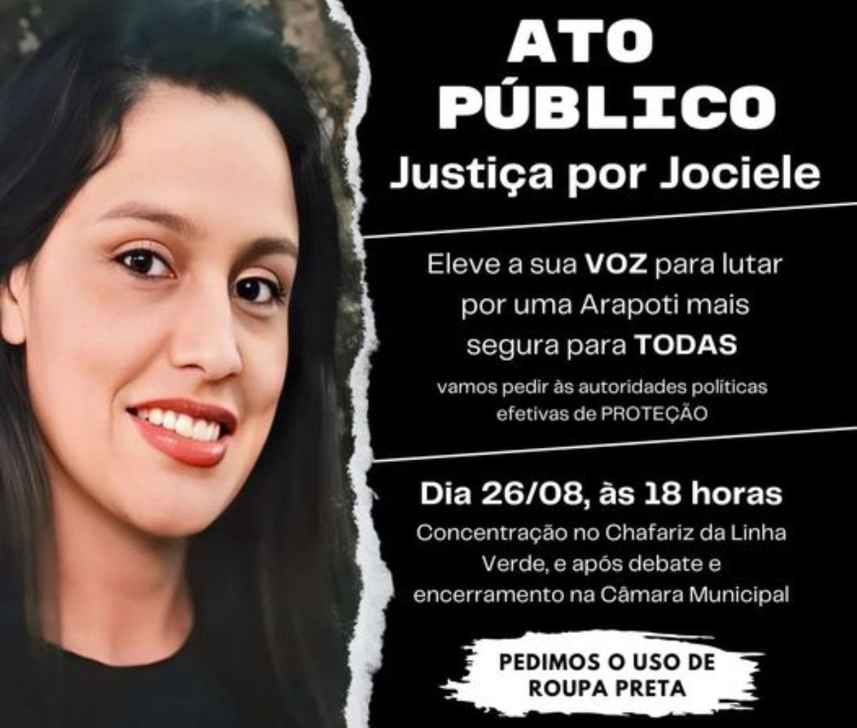 Jociele de Jesus Abreu, assassinada em Arapoti, nos Campos Gerais do Paraná, será homenageada por familiares, amigos e moradores da cidade no domingo (25). A comunidade local organizou uma caminhada, com concentração na Praça do Chafariz, às 14h30. Outro ato, pedindo justiça para o crime, acontecerá na segunda-feira (26) à noite.