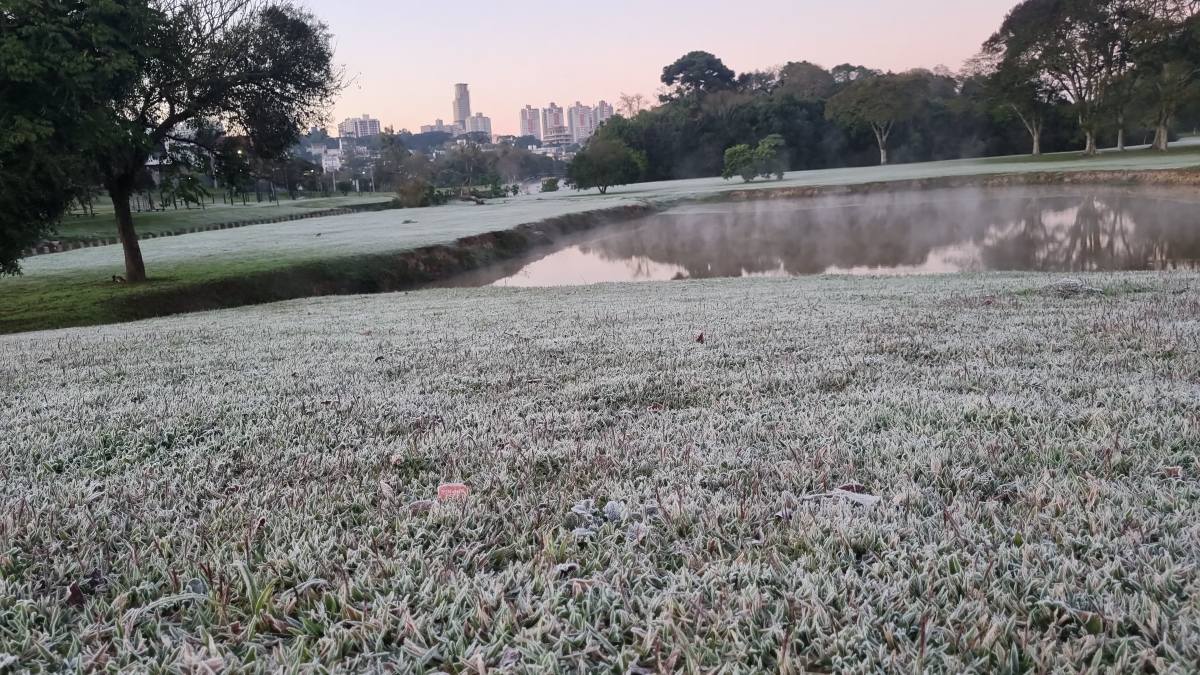 Parque Barigui, um dos principais pontos turísticos de Curitiba, amanheceu coberto de gelo