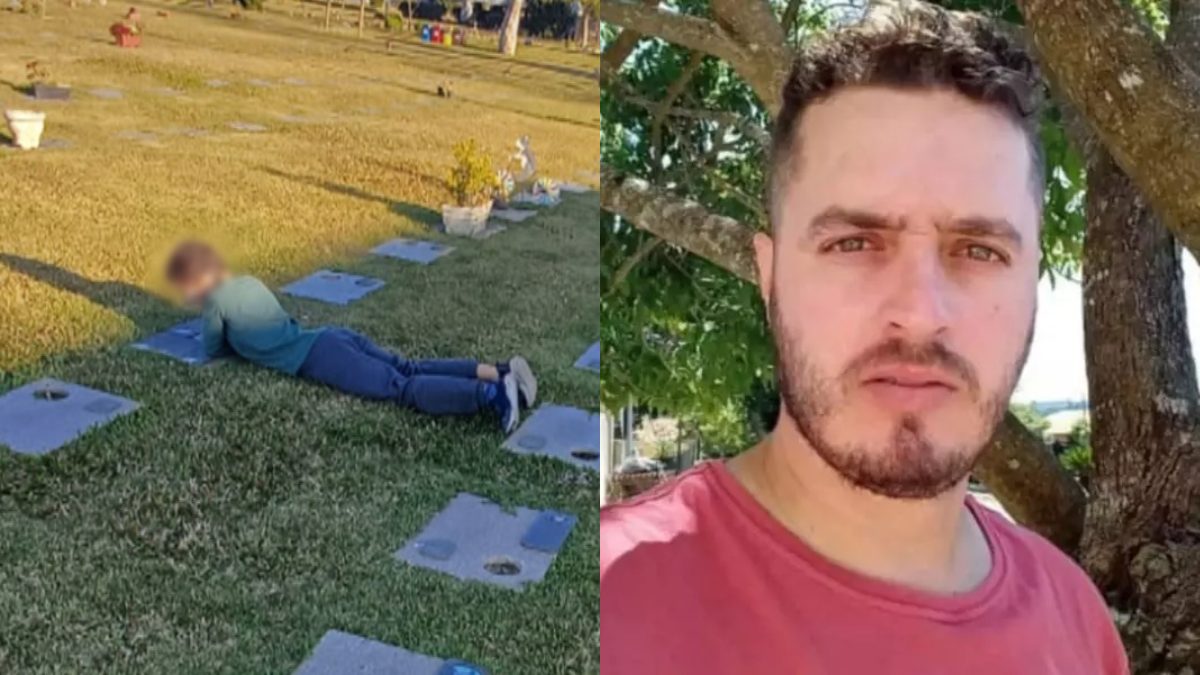 Filho de motoboy morto por blogueira é fotografado no túmulo do pai no Dia dos Pais
