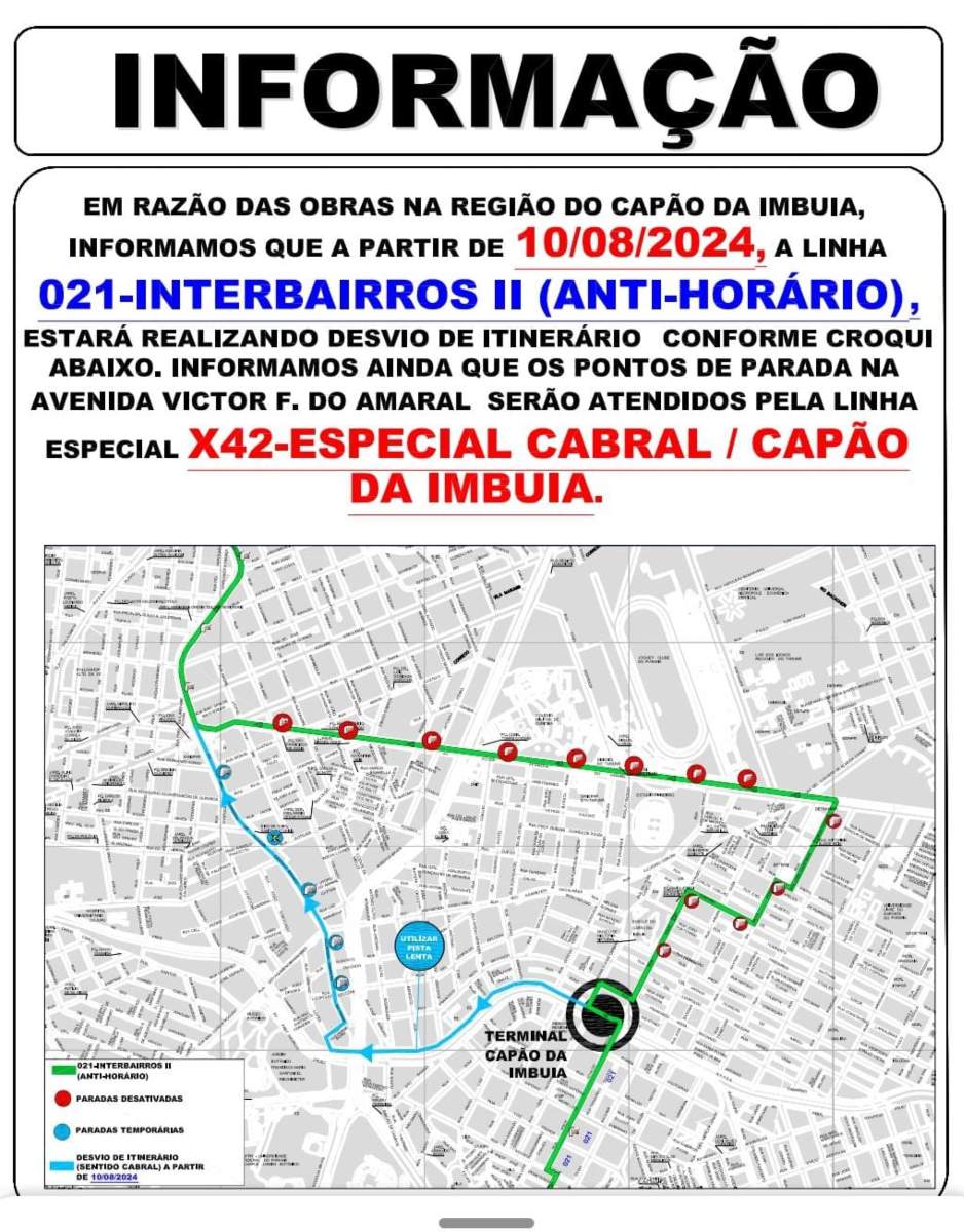 O avanço das obras para a implantação do novo Ligerinho Inter 2 no bairro Capão da Imbuia provoca uma série de alterações no trânsito da região nos próximos dias. Entre as mudanças, as mais importantes envolvem o itinerário das linhas de ônibus que passam pela região, que sofrerão desvios a partir do sábado (10). Entretanto, para tentar minimizar os transtornos, uma linha especial temporária passará a circular pela região até a conclusão dessa fase das obras.