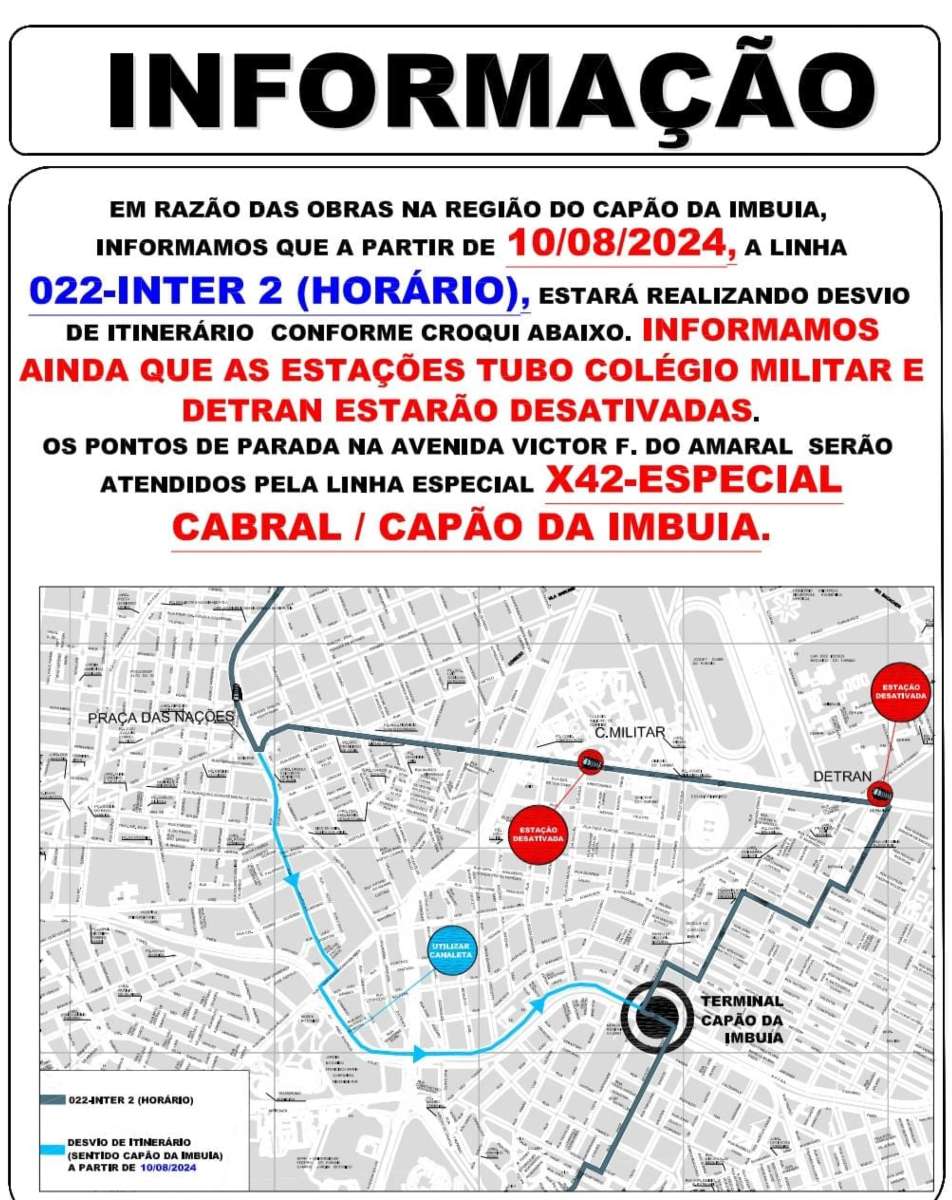 O avanço das obras para a implantação do novo Ligerinho Inter 2 no bairro Capão da Imbuia provoca uma série de alterações no trânsito da região nos próximos dias. Entre as mudanças, as mais importantes envolvem o itinerário das linhas de ônibus que passam pela região, que sofrerão desvios a partir do sábado (10). Entretanto, para tentar minimizar os transtornos, uma linha especial temporária passará a circular pela região até a conclusão dessa fase das obras.