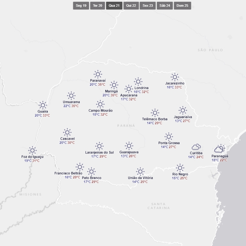Previsão do tempo para quarta-feira (21) 