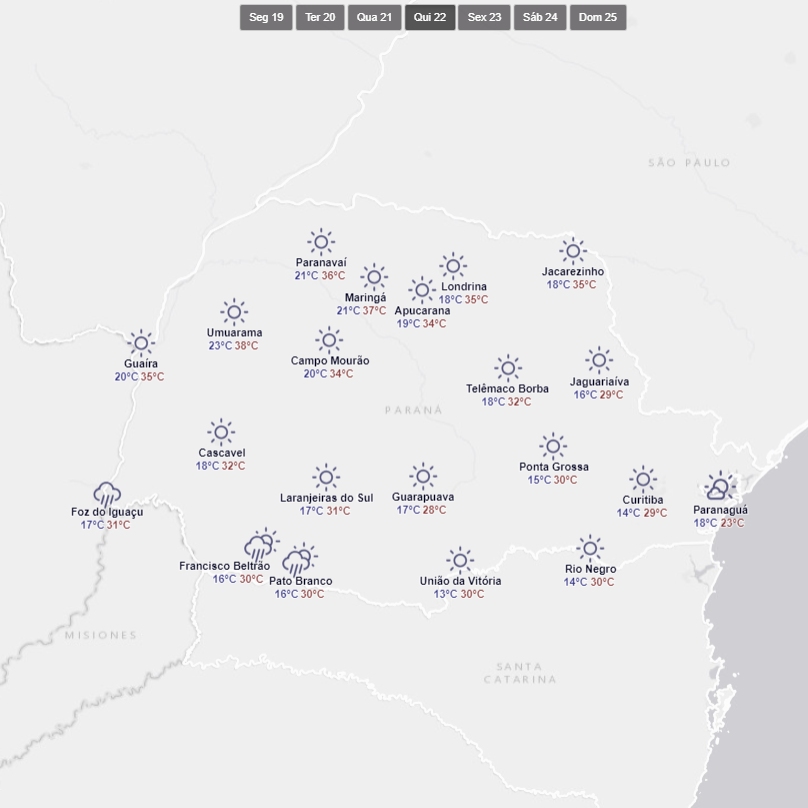 Previsão do tempo para quinta-feira (22) 