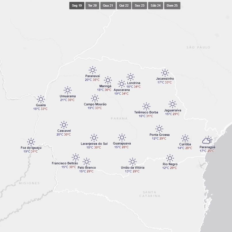 Previsão do tempo para segunda-feira (19) 