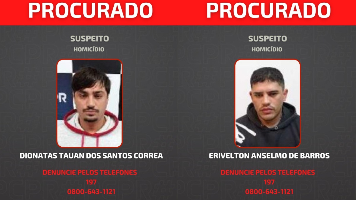 A Polícia Civil do Paraná (PCPR) divulgou as fotos de dois homens, de 28 e 29 anos, suspeitos de envolvimento no homicídio de Wesley Alceu da Cruz Marques, ocorrido em fevereiro de 2020, no bairro Campo do Santana, em Curitiba.