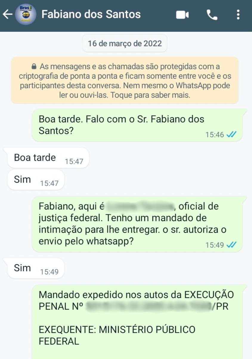 Intimação contra Fabiano dos Santos ocorreu por WhatApp (Foto: Reprodução)