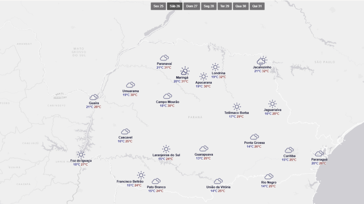 Previsão do tempo para sábado (26) no Paraná