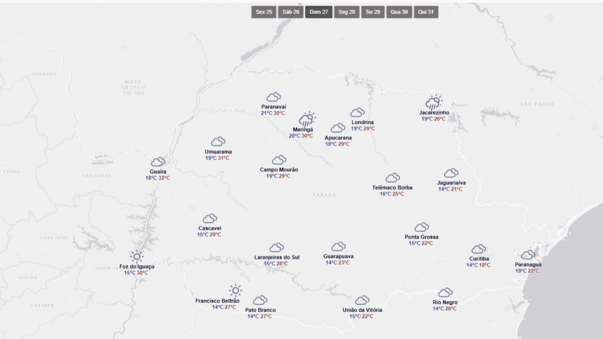 Previsão do tempo para domingo (27) no Paraná