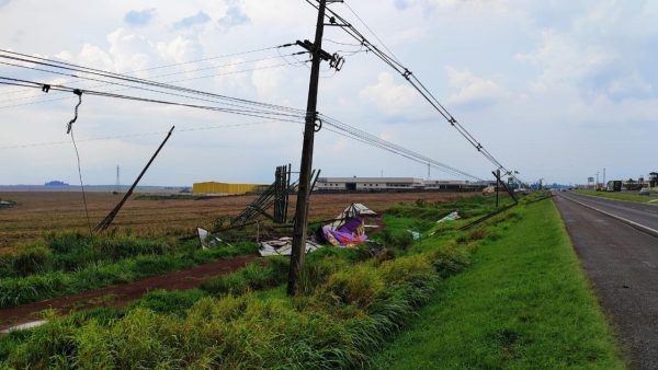 tAs fortes chuvas registradas na Região Oeste do Paraná causaram danos e provocaram o bloqueio de duas rodovias no início da tarde desta quinta-feira (24). A tempestade, acompanhada por fortes ventos, derrubou postes e árvores em diversas cidades da região.