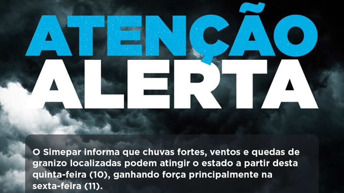 O Sistema de Tecnologia e Monitoramento Ambiental do Paraná (Simepar) emitiu um alerta para a ocorrência de tempestades e vendavais em diversas regiões do estado nesta quinta-feira (10) e, principalmente, na sexta-feira (11). De acordo com a previsão, são esperadas rajadas de ventos de até 70 km/h e quedas de granizo localizadas.