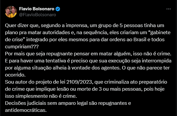 sobre a tentativa de matar lula, flavio bolsonaro falou que nao é crime