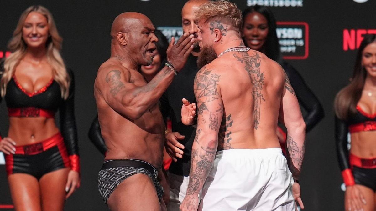 Mike Tyson dá tapa em Jake Paul durante pesagem