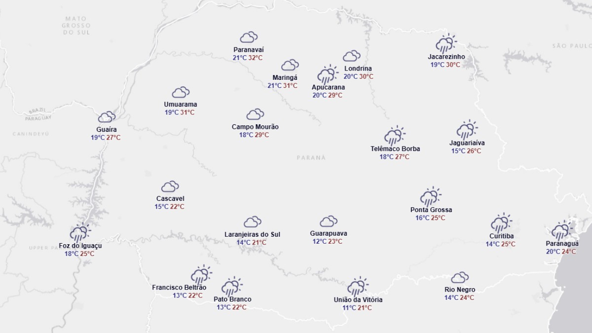 Frente fria acompanhada de chuvas e trovoadas chega ao Paraná; veja previsão