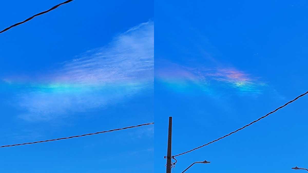 Imagens mostram o céu com as cores refletidas em um nuvem